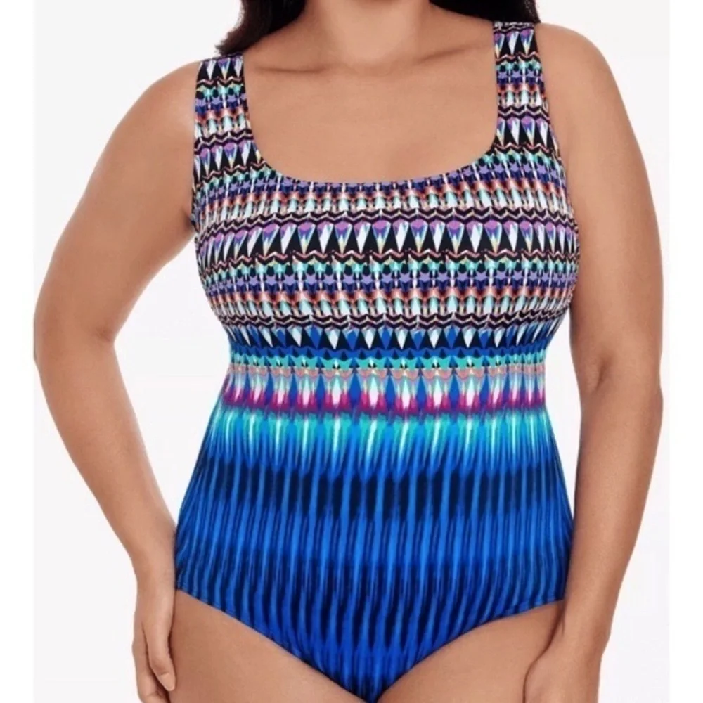 SWIM SOLUTIONS Women's Printed One-Piece Swimsuit Colorful Long Torso Size 8 NWT - Picture 2 of 4